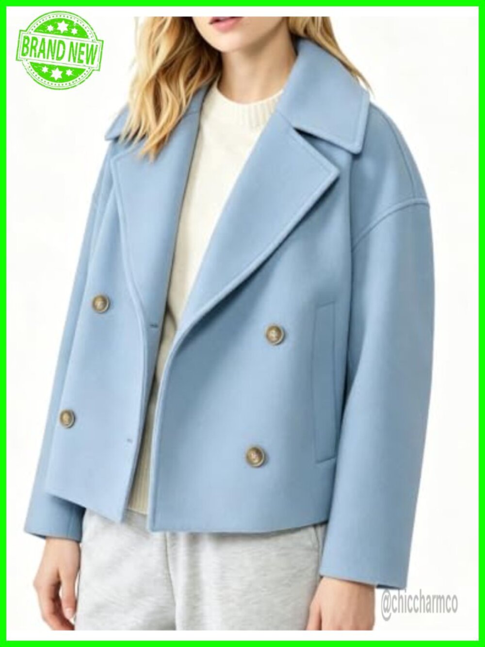 Cropped Pea Coat Double Breasted Wool Blend Notched Lapel - Picture 6 of 6